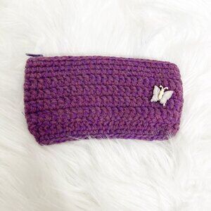 Handmade Crochet Purple Butterfly Charm Pouch Zipper Top